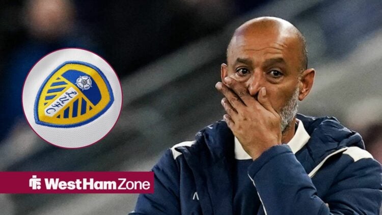 West Ham manager Nuno Espirito Santo covers his mouth with Leeds United badge inset
