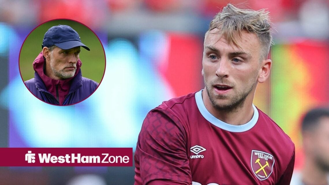 Jarrod Bowen alongside a circle inset of Thomas Tuchel.