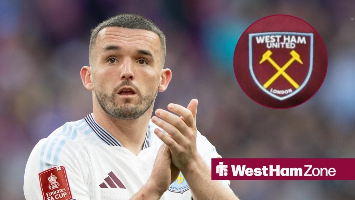 John McGinn clapping with West Ham badge in circle