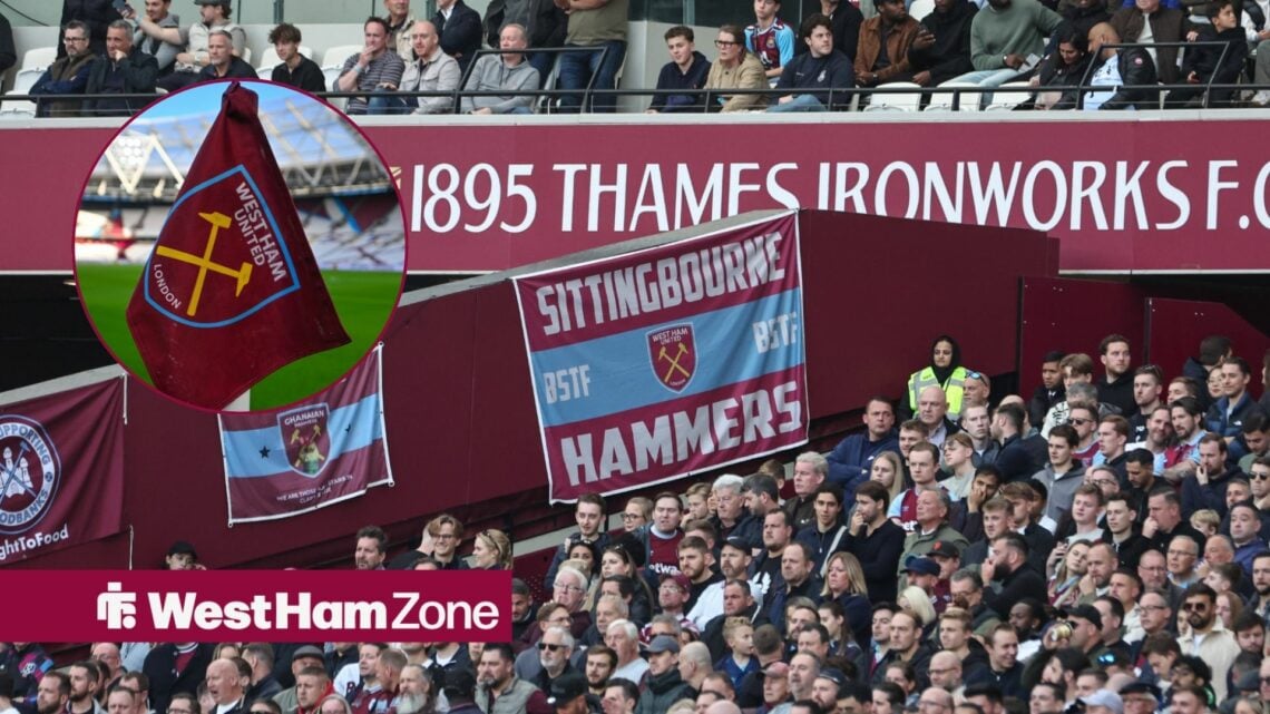 A general shot of the West Ham fans inside the London Stadium, with a West Ham corner flag in a circular frame