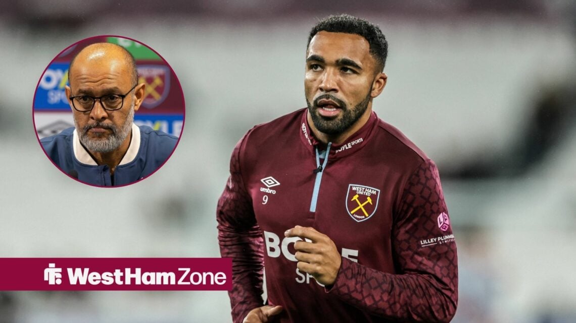 Callum Wilson warms up for West Ham, with Nuno Espirito Santo in a circular frame alongside him