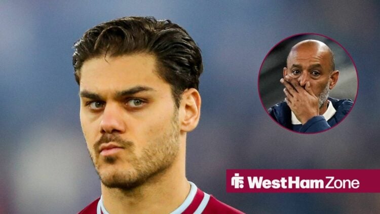 West Ham defender Konstantinos Mavropanos with Nuno Espirito Santo covers mouth inset