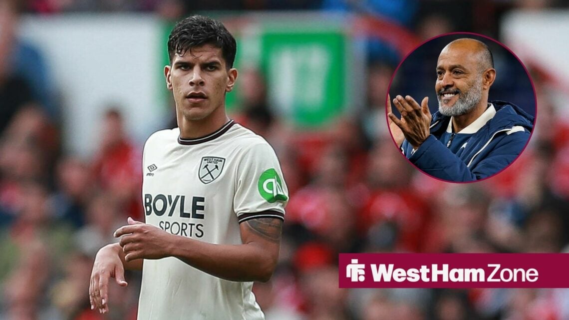West Ham's Mateus Fernandes and Nuno Espirito Santo in the circle