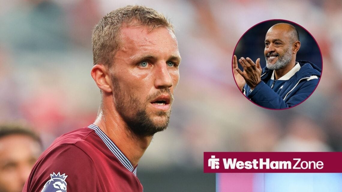 West Ham's Tomas Soucek and Nuno Espirito Santo in the circle