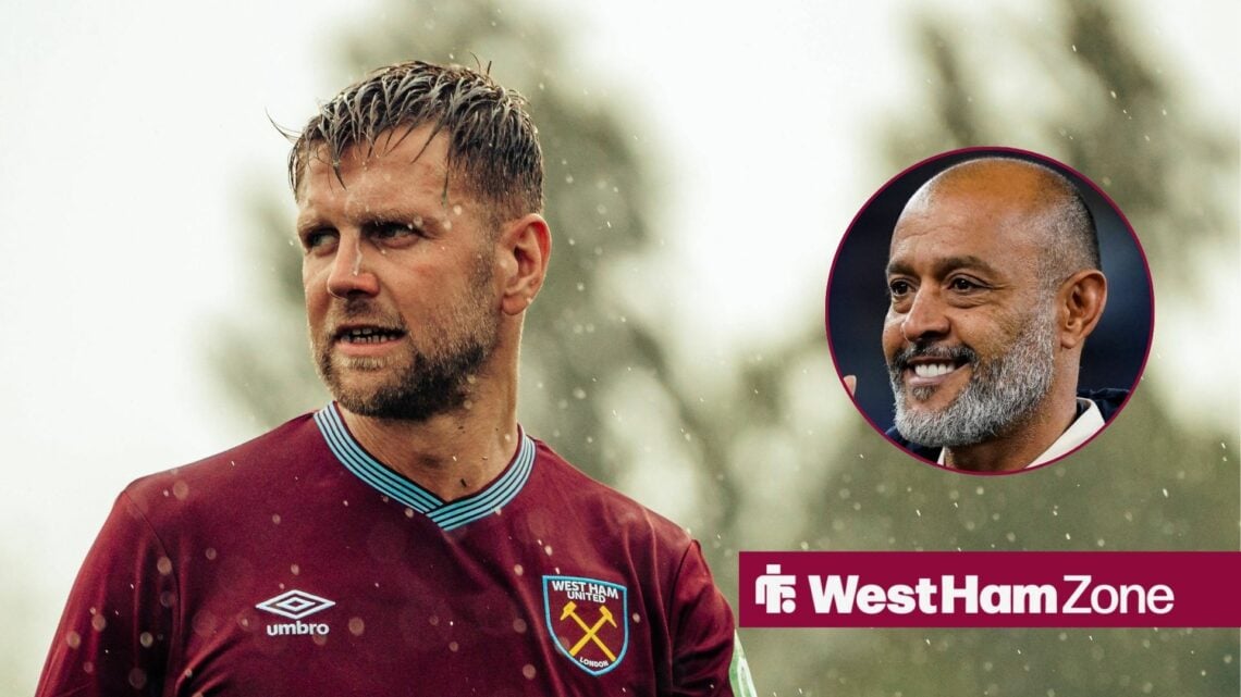 West Ham striker Niclas Fullkrug in the rain with Nuno Espirito Santo smiling inset