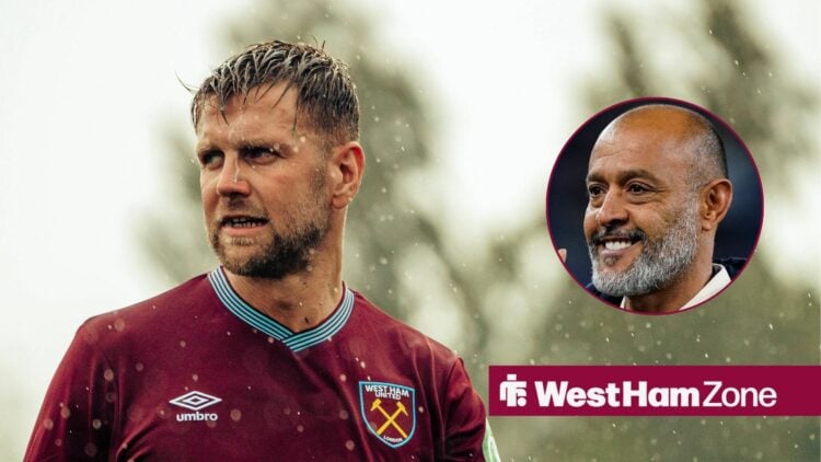 West Ham striker Niclas Fullkrug in the rain with Nuno Espirito Santo smiling inset