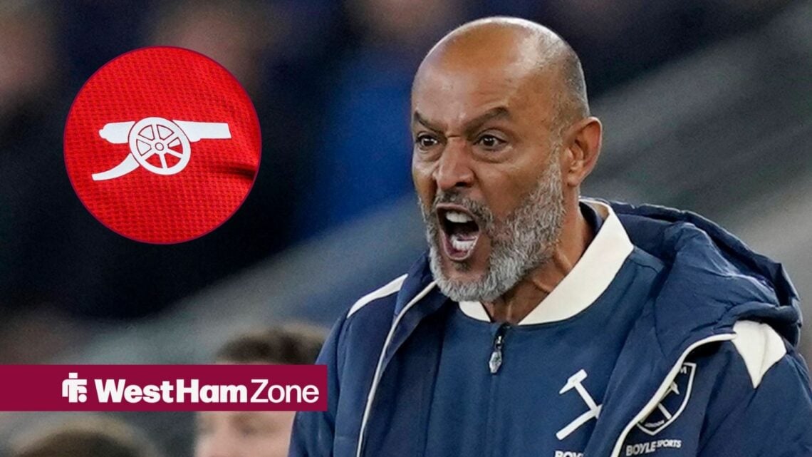 West Ham manager Nuno Espirito Santo and the Arsenal badge in the circle