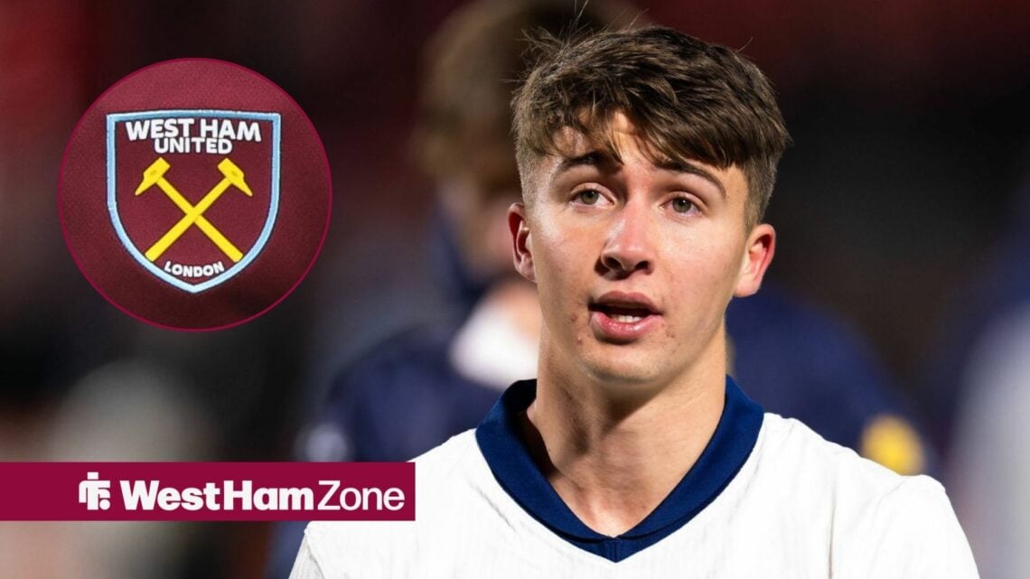 George Earthy playing for England looking towards a West Ham badge in a circle inset