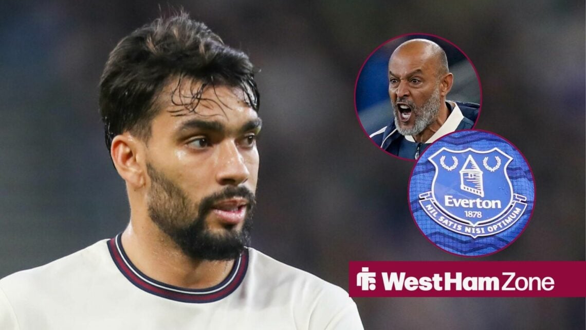Lucas Paqueta looking towards circle inserts of the Everton badge and Nuno Espirito Santo looking angry