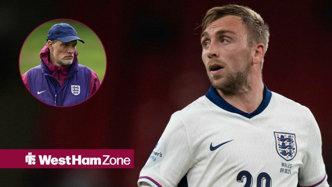 Thomas Tuchel unhappy while Jarrod Bowen looks at him in England strip