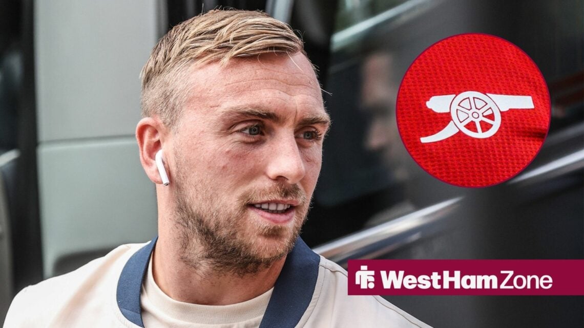 West Ham winger Jarrod Bowen and the Arsenal badge in the circle