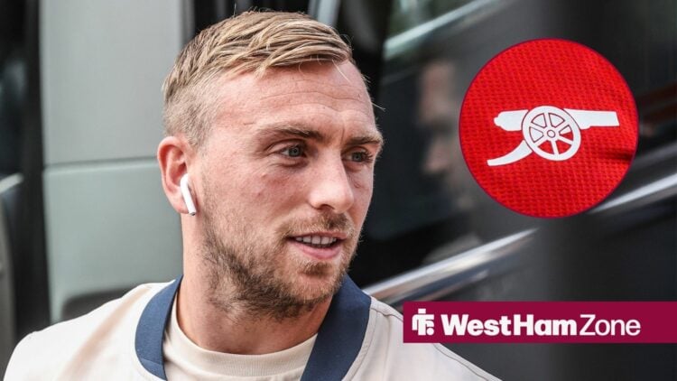 West Ham winger Jarrod Bowen and the Arsenal badge in the circle