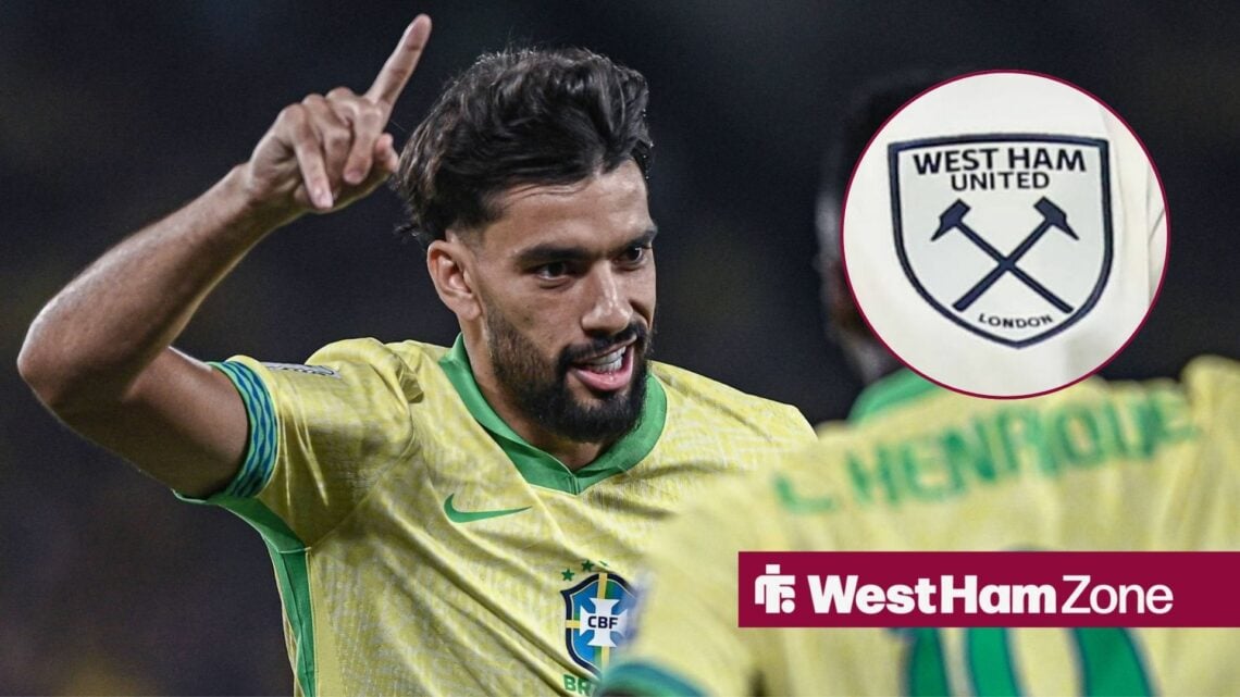 Lucas Paqueta celebrating for Brazil with West Ham badge looming.