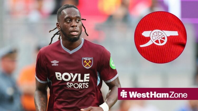 West Ham defender Aaron Wan-Bissaka and the Arsenal badge in the circle