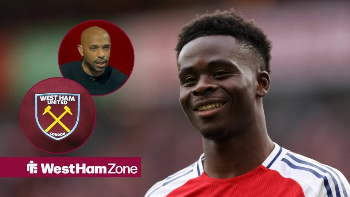 Arsenal Bukayo Saka and the West Ham badge and Thierry Henry in the circles