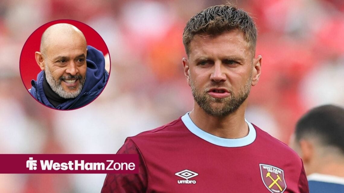 Niclas Fullkrug looking towads a happy Nuno Espirito Santo in a circle inset