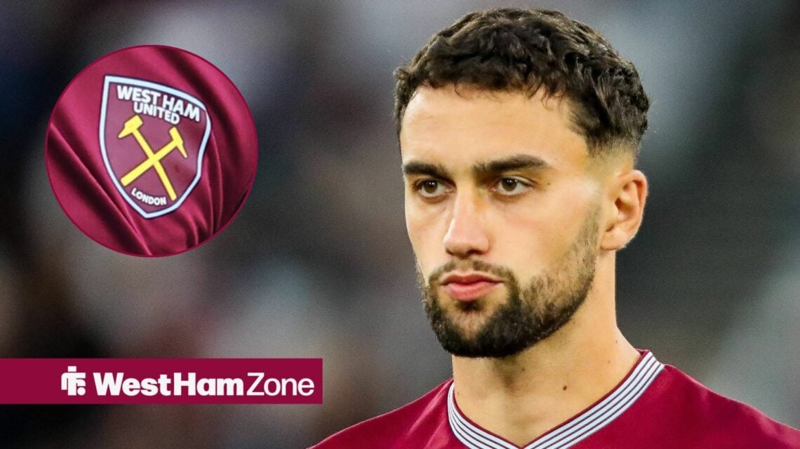 Max Kilman looking concentrated towards a circle inset of the West Ham badge
