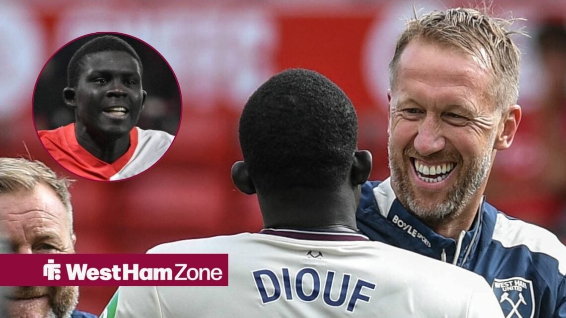 Graham Potter hugging Malick Diouf next to a circle inset of Malick Diouf at Slavia Prague