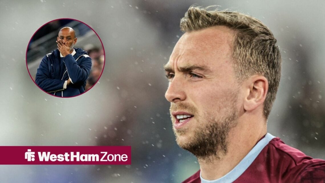 Jarrod Bowen in action for West Ham with Nuno in frame
