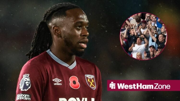 Aaron Wan-Bissaka playing for West Ham with fans in frame