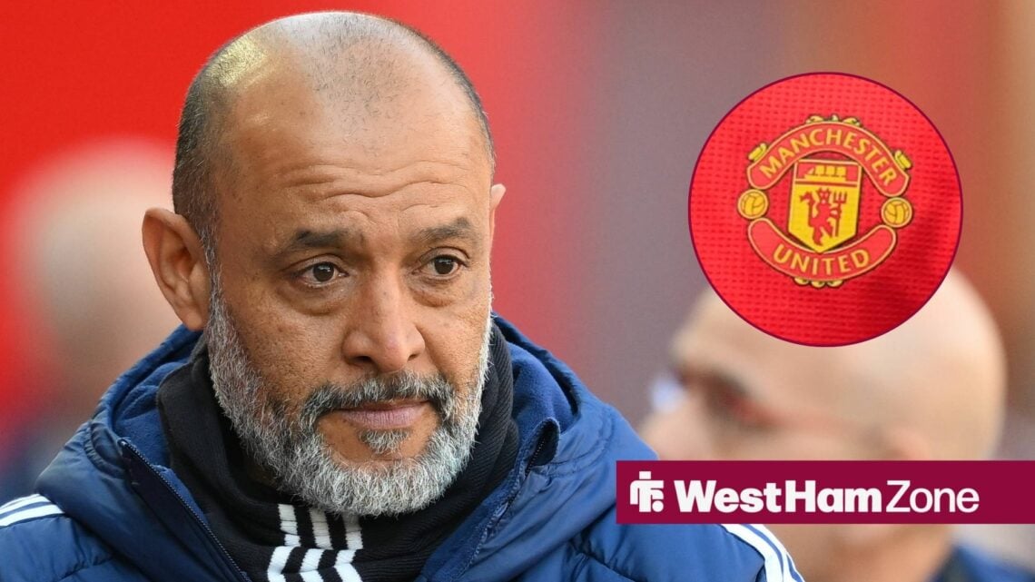 Nuno Espirito Santo looking on with Man United badge in frame