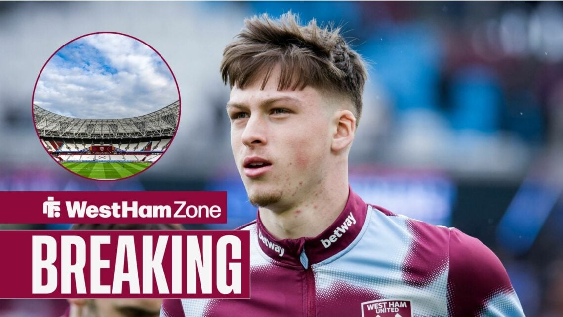 Ollie Scarles looks to his right, with an image of the London Stadium in a circular frame inset