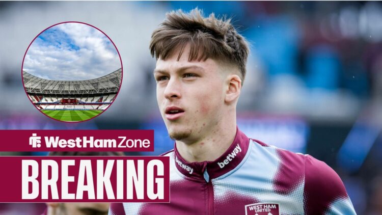 Ollie Scarles looks to his right, with an image of the London Stadium in a circular frame inset