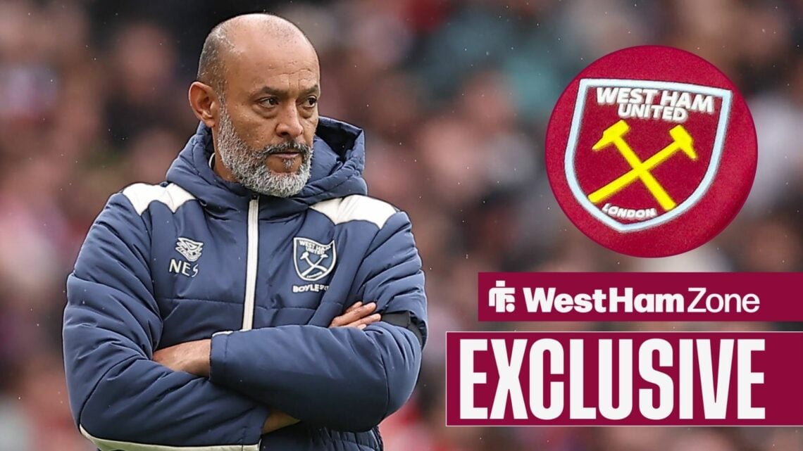 Nuno Espirito Santo with his arms crossed looking towards a West Ham badge in a circle inset