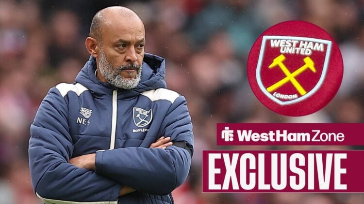 Nuno Espirito Santo with his arms crossed looking towards a West Ham badge in a circle inset