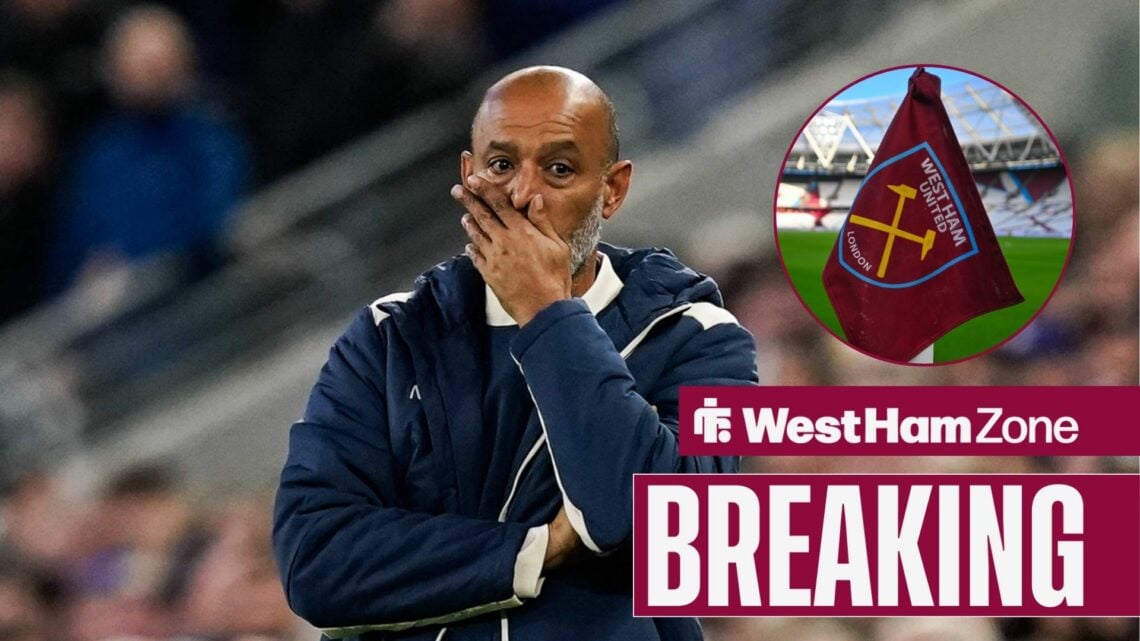 Nuno Espirito Santo with his hand on his mouth, with West Ham corner flag in a circular frame