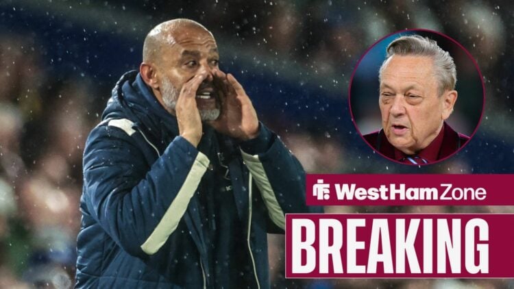 West Ham manager Nuno Espirito Santo on the touchline. David Sullivan is in a small circle to the right.