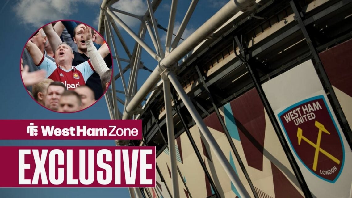 West Ham fans celebrating in a circle inset alongside an image of the West Ham badge at the London Stadium