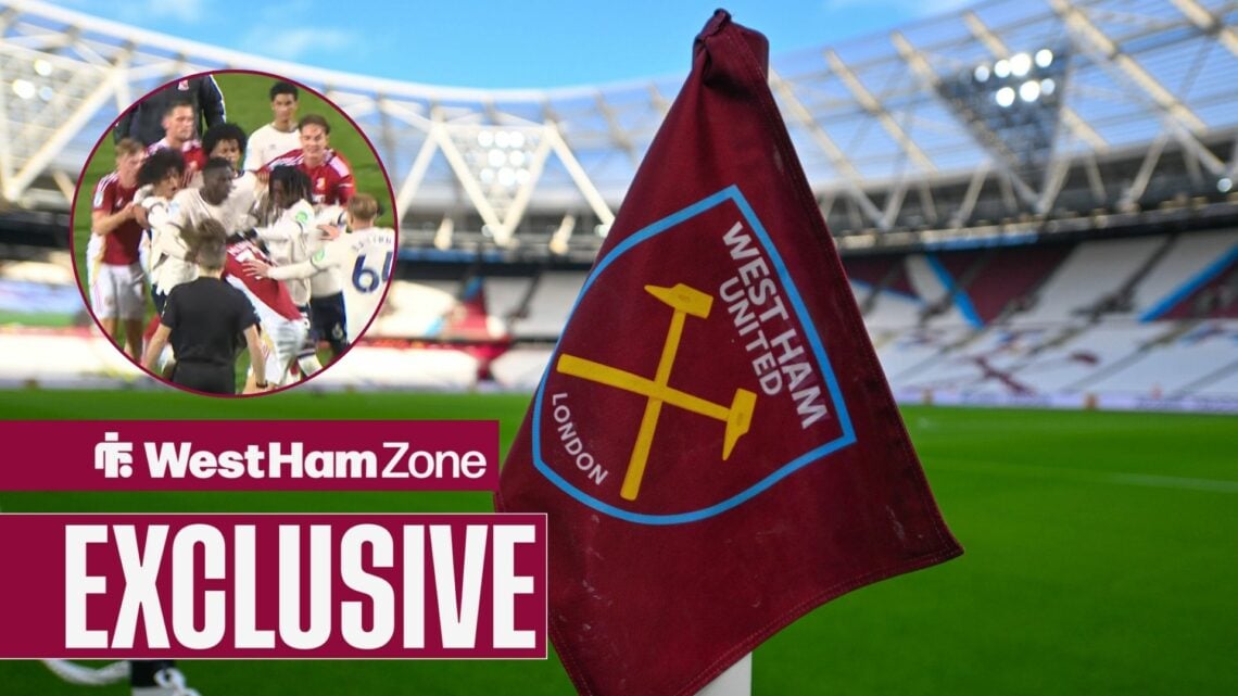 West ham United corner flag, with West Ham and Swindon players scuffling in a circular frame inset