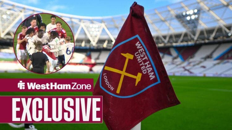 West ham United corner flag, with West Ham and Swindon players scuffling in a circular frame inset
