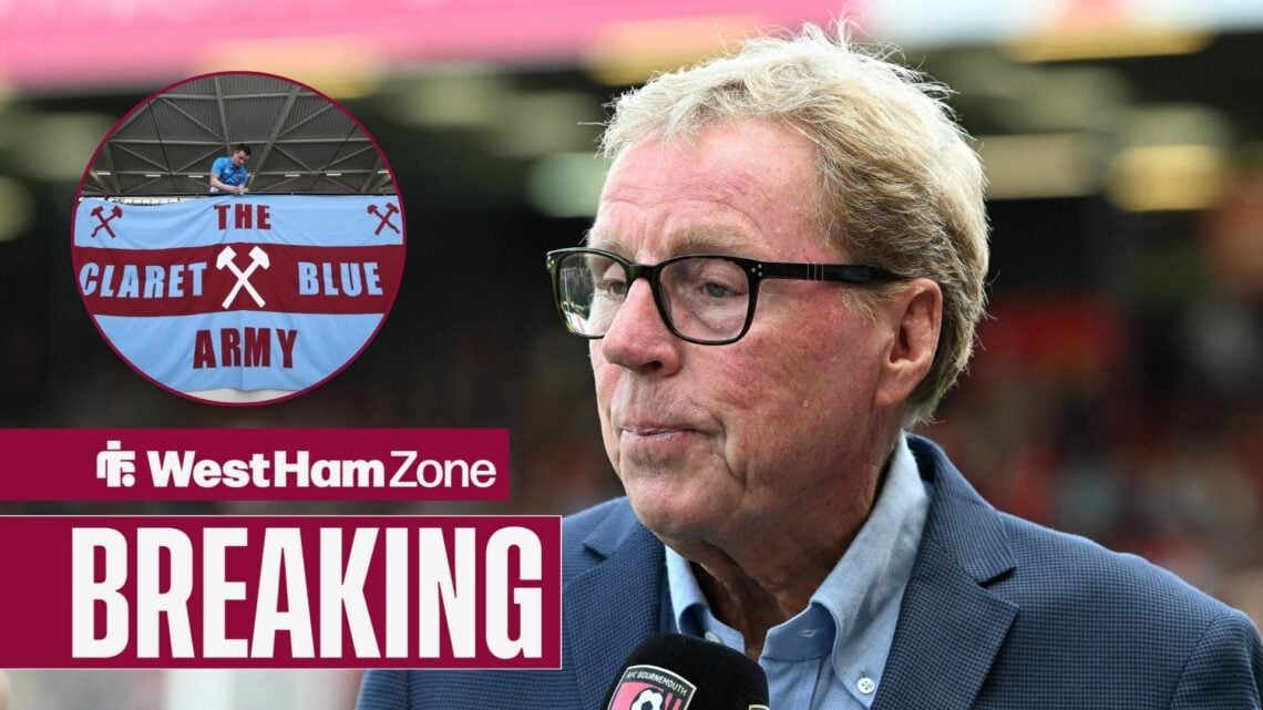 Harry Redknapp is interviewed. To his left is a picture of West Ham fans holding a banner.
