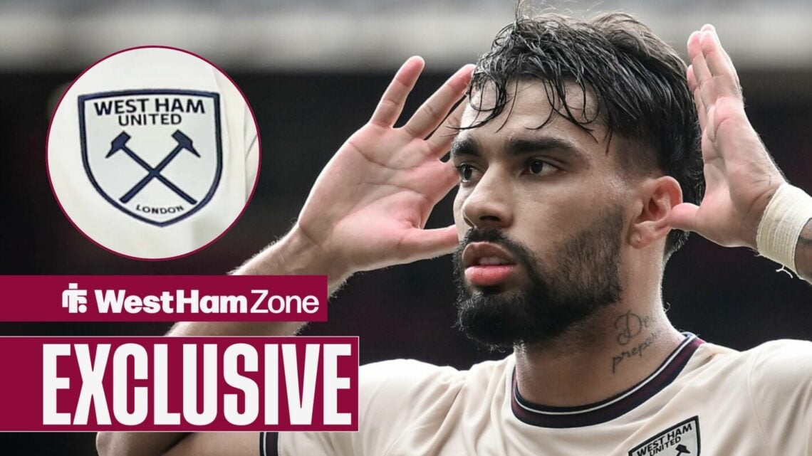 Lucas Paqueta with his hands on his ears looking towards a West Ham logo in a circle inset