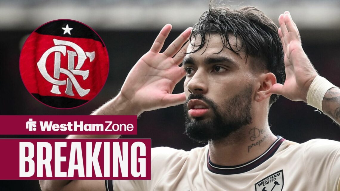 Lucas Paqueta celebrating for West Ham looking towards the Flamengo logo in a circle inset