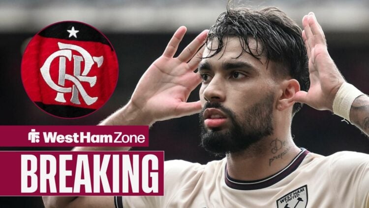 Lucas Paqueta celebrating for West Ham looking towards the Flamengo logo in a circle inset