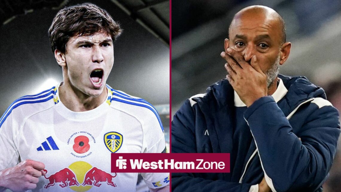 Gonzalo Garcia playing for Leeds United looking towards Nuno Espirito Santo in separate insets