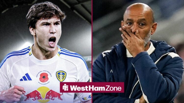 Gonzalo Garcia playing for Leeds United looking towards Nuno Espirito Santo in separate insets