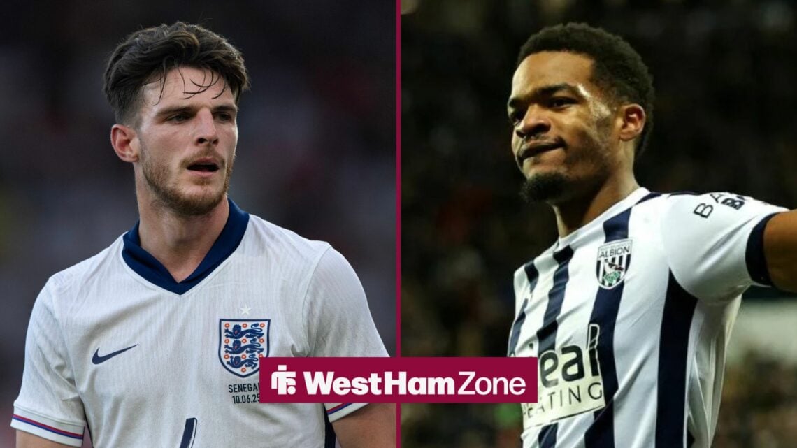 Declan Rice on the left in an England top looking to the right, with Grady Diangana on the right looking to the left in a West Brom top.
