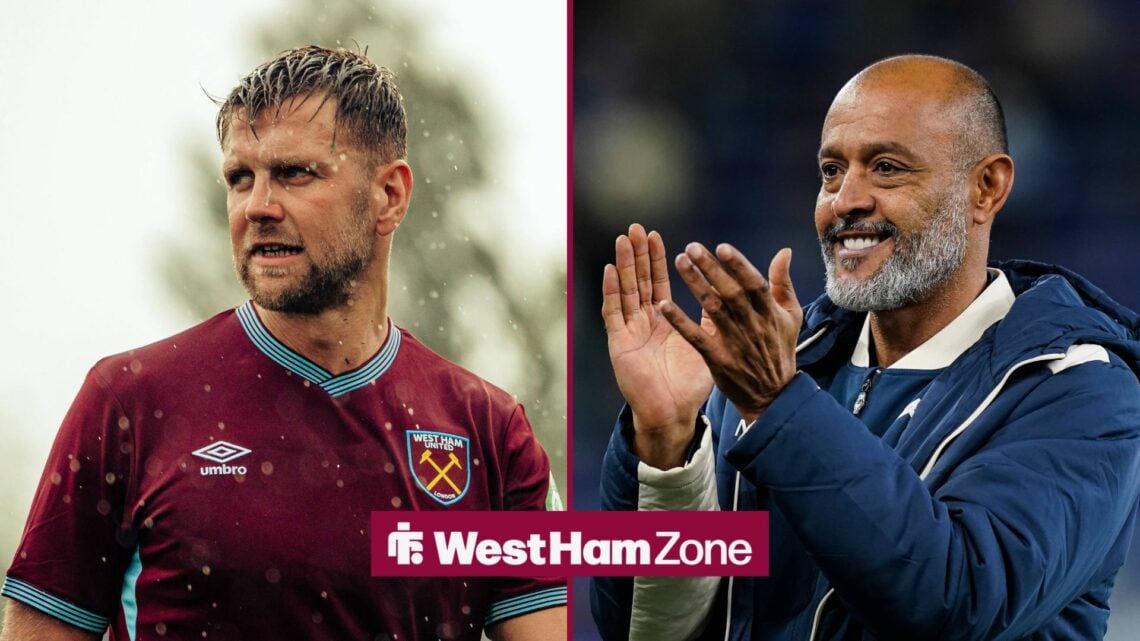 West Ham manager Nuno Espirito Santo claps with striker Niclas Fullkrug surrounded by rain