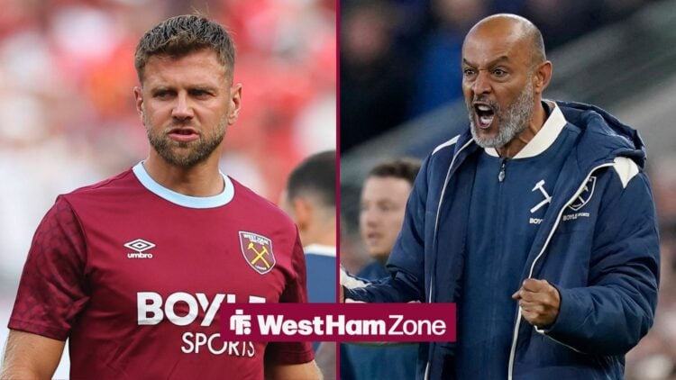 West Ham striker Niclas Fullkrug and an animated Nuno Espirito Santo