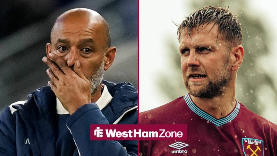 West Ham manager Nuno Espirito Santo covers his mouth with striker Niclas Fullkrug alongside him