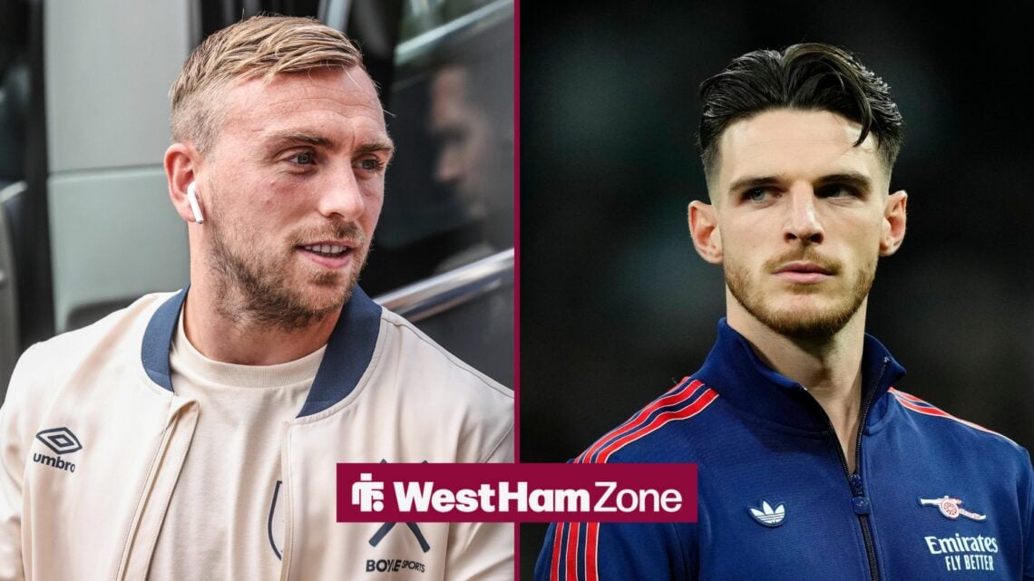 Jarrod Bowen on left looking at Declan Rice on right