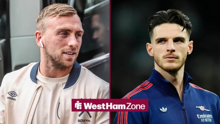 Jarrod Bowen on left looking at Declan Rice on right