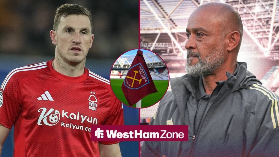 Chris Wood looking towards Nuno Espirito Santo with a West Ham flag in a circle inset in between them