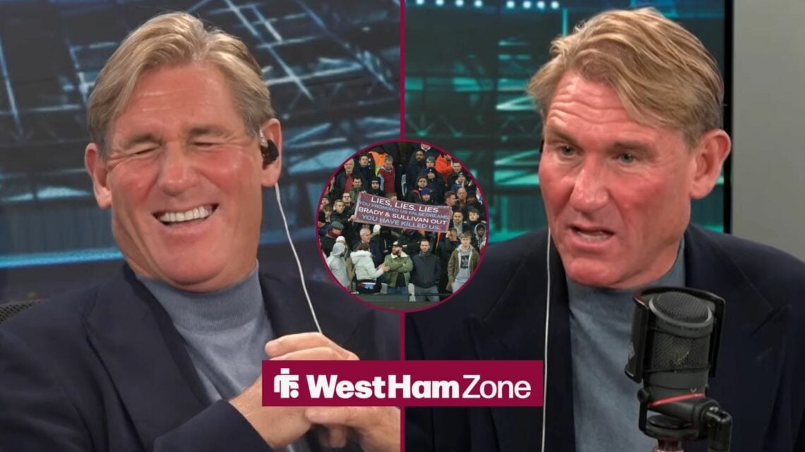 Simon Jordan laughing and looking angry towards West Ham fans in a circle inset