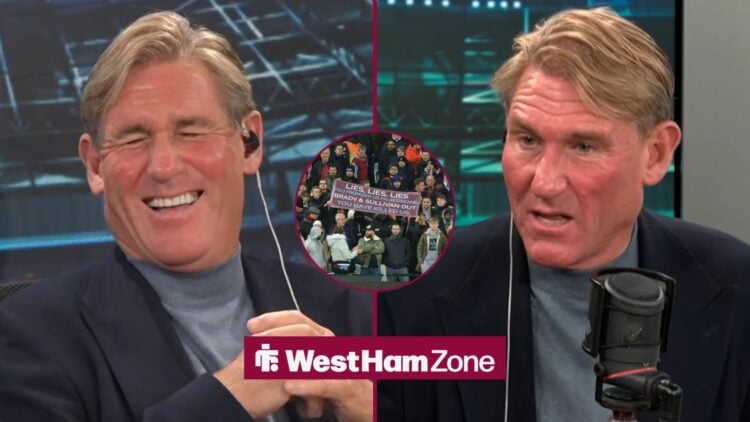 Simon Jordan laughing and looking angry towards West Ham fans in a circle inset