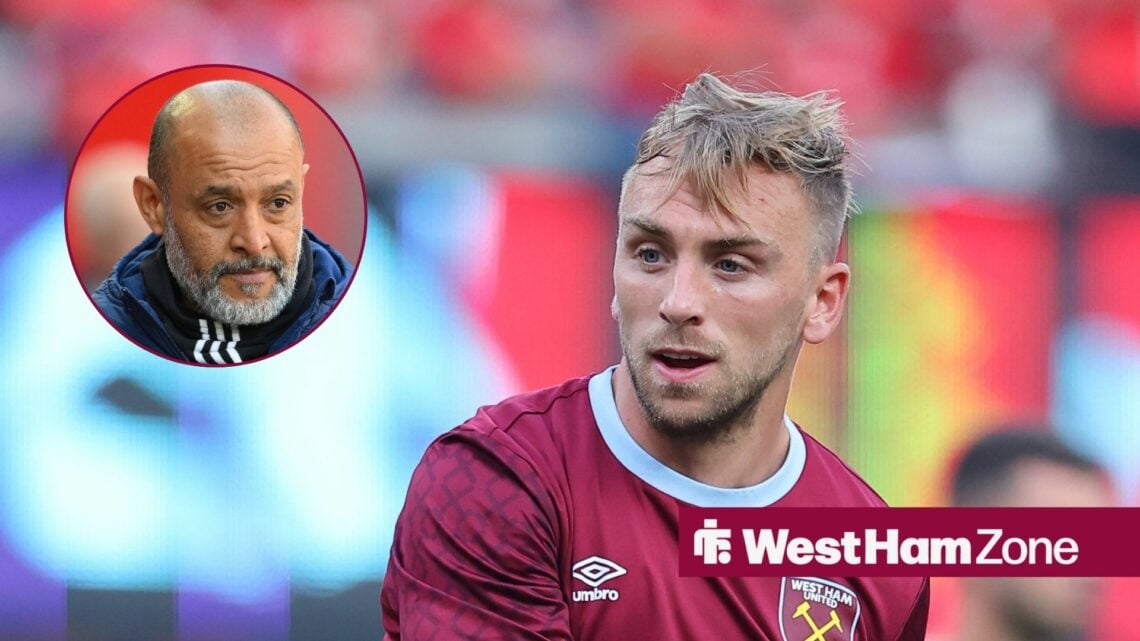Jarrod Bowen in action for West Ham and Nuno Espirito Santo in circular inset